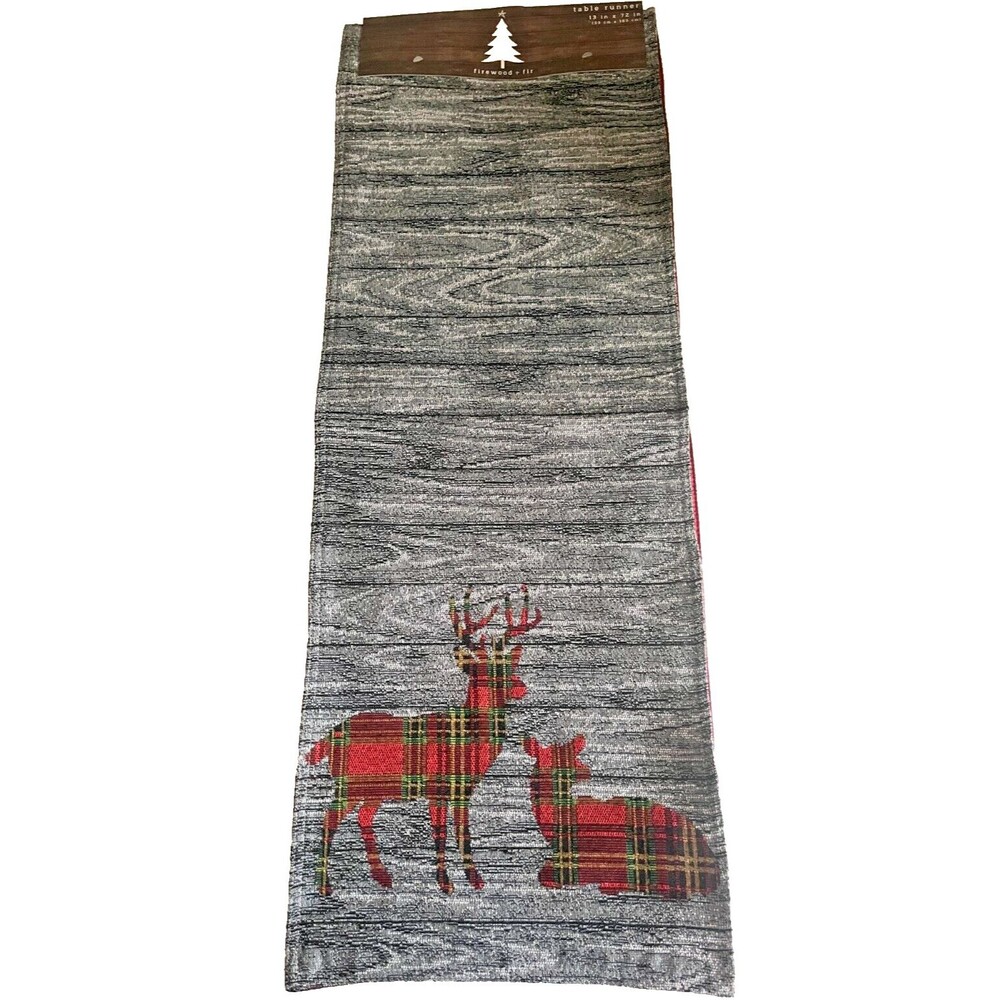 Christmas Reindeer Plaid Table Runner Tapestry Deer Rustic Cabin 13x72" Gray Red